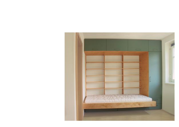  Einzelbett mit Schrankverbau in Birke und Linoleum
