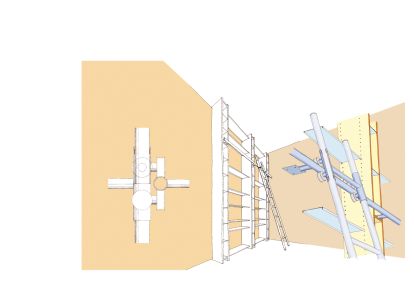 Regalsystem, in Birke und verzinktem Eisenblech, Variante für hohe Räume, mit Schiebeleiter in Niro